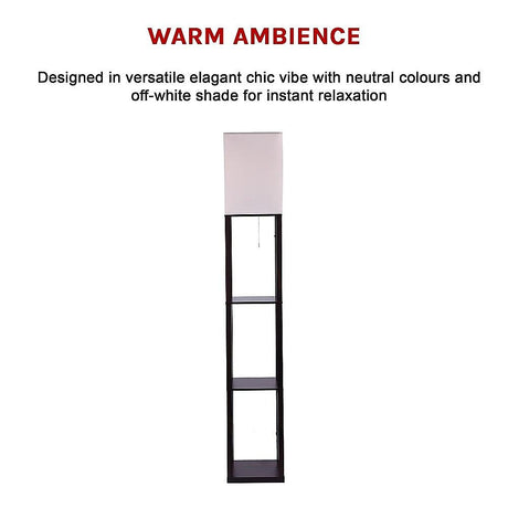 Dark brown three tier shelf floor lamp with off white shade
