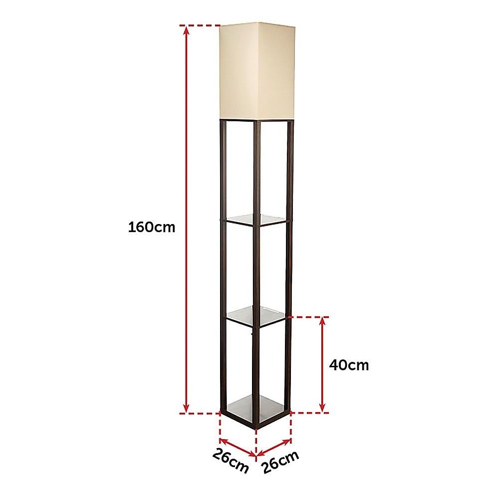 Dark brown three tier shelf floor lamp with off white shade