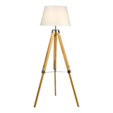 Wood tripod floor lamp with white fabric shade and chrome accents
