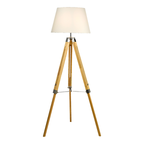 Wood tripod floor lamp with white fabric shade and chrome accents