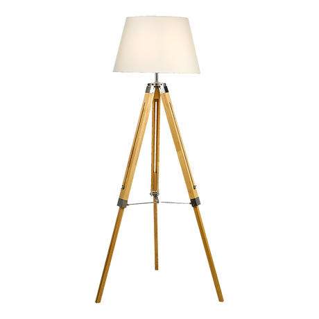 Wood tripod floor lamp with white fabric shade and chrome accents