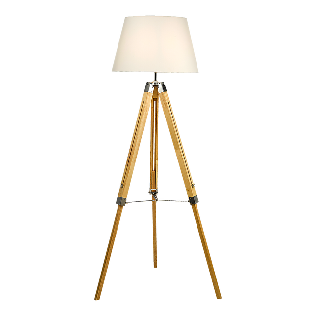 Wood tripod floor lamp with white fabric shade and chrome accents
