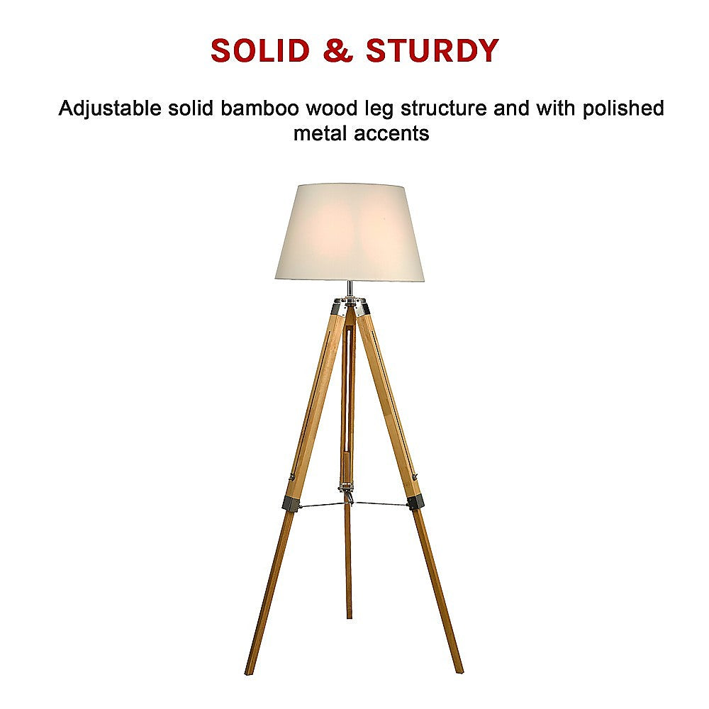 Wood tripod floor lamp with white fabric shade and chrome accents