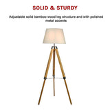 Wood tripod floor lamp with white fabric shade and chrome accents