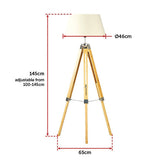 Wood tripod floor lamp with white fabric shade and chrome accents