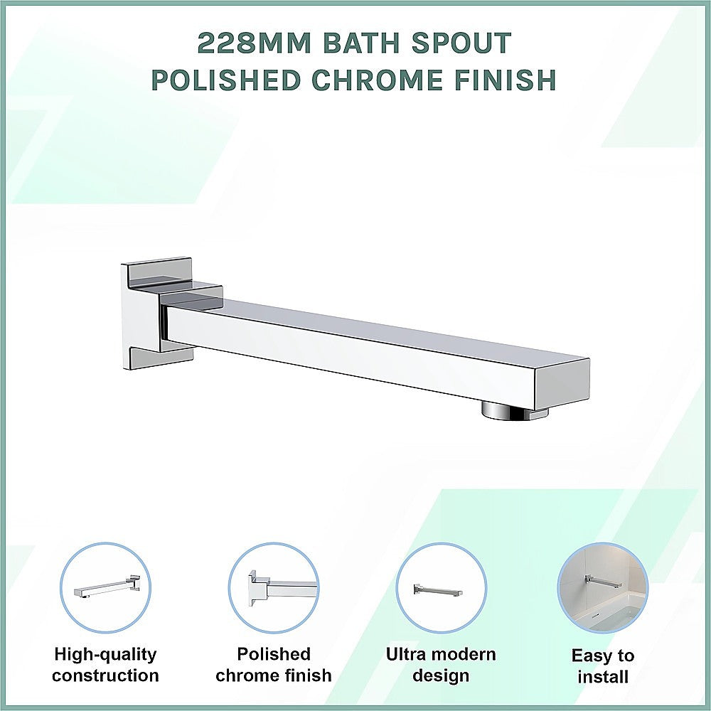 Polished chrome 228mm bath spout, side profile