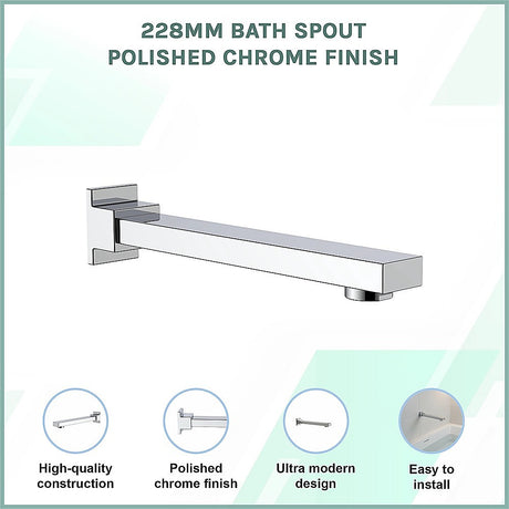 Polished chrome 228mm bath spout, side profile