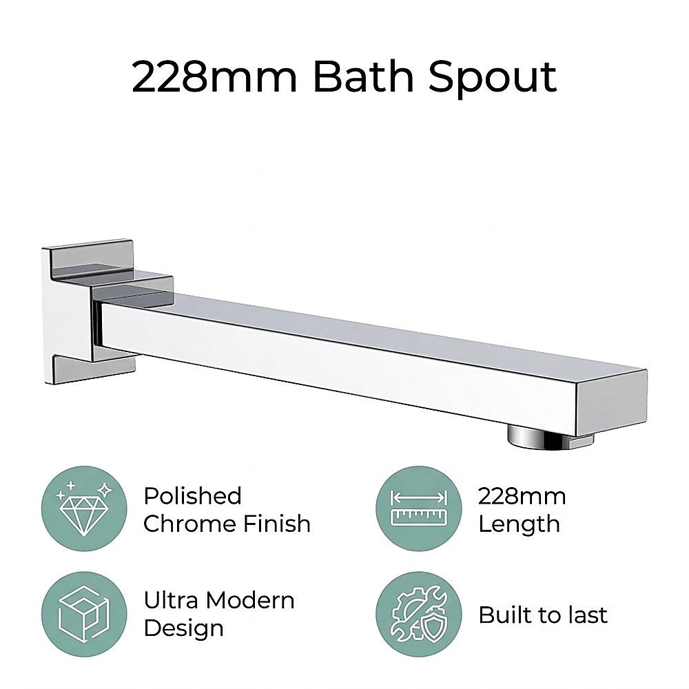 Polished chrome 228mm bath spout, installed in bathroom