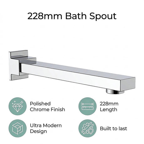 Polished chrome 228mm bath spout, installed in bathroom