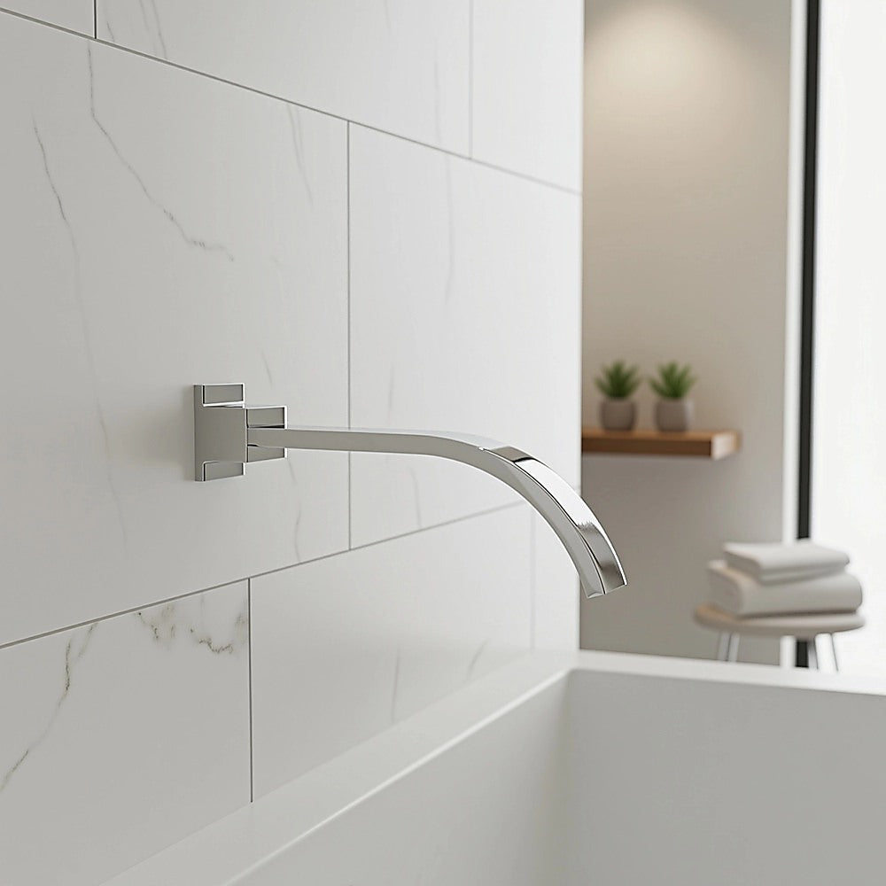Polished chrome 180mm bath spout, angled view