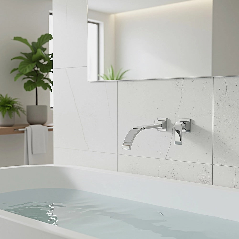 Polished chrome 180mm bath spout, wall flange detail