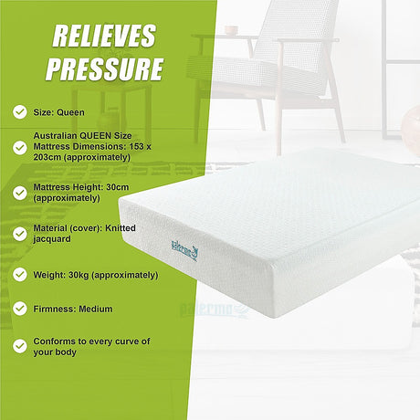 Medium green tea memory foam mattress, 30cm queen