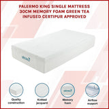 Medium green tea memory foam mattress, 30cm king single
