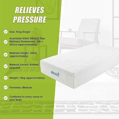 Medium green tea memory foam mattress, 30cm king single