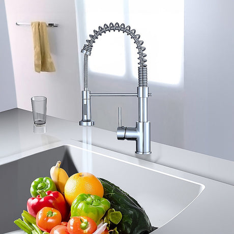Compact solid brass pull out kitchen mixer tap in chrome