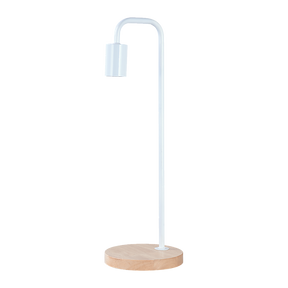 Delphine white gooseneck table lamp with timber base on a bedside table