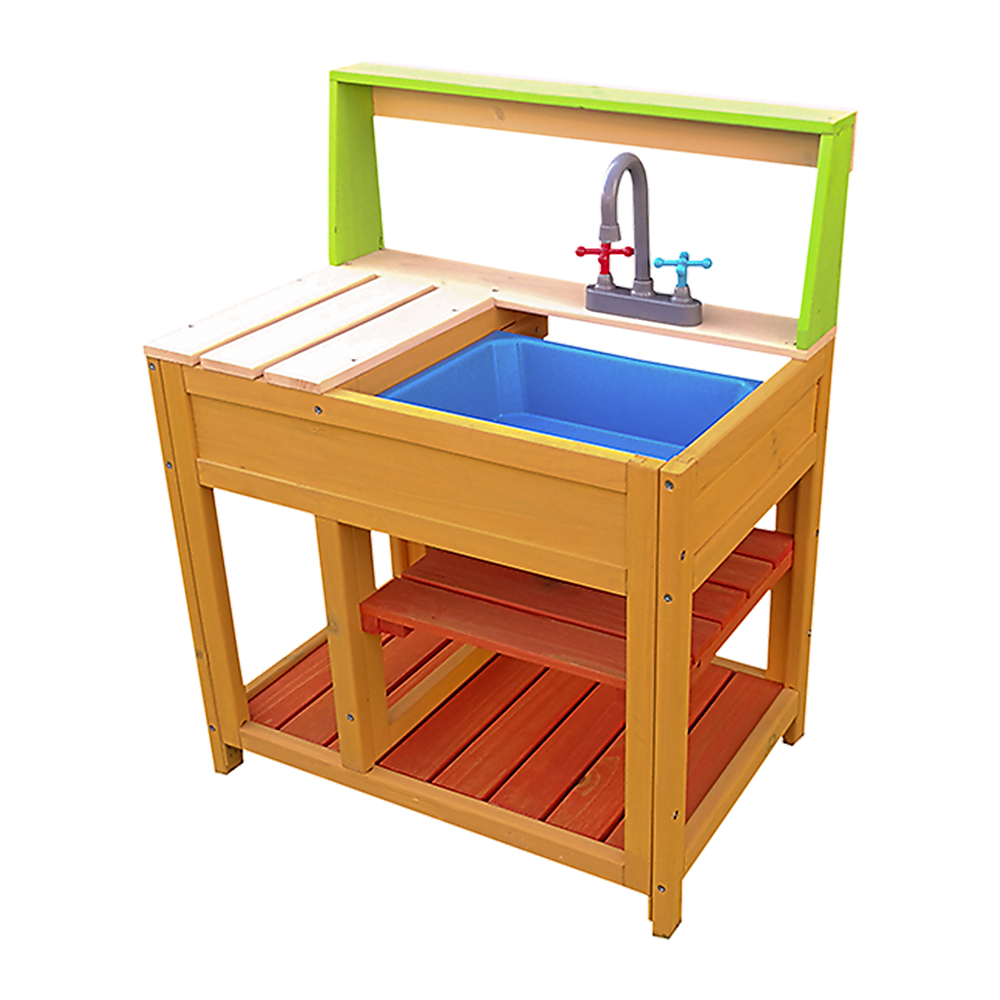 Childrens outdoor wooden mud kitchen with sink and storage shelf