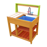 Childrens outdoor wooden mud kitchen with sink and storage shelf