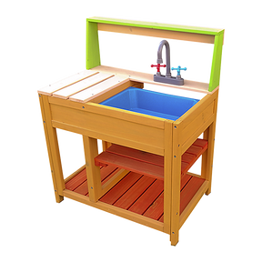 Childrens outdoor wooden mud kitchen with sink and storage shelf