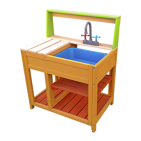 Childrens outdoor wooden mud kitchen with sink and storage shelf