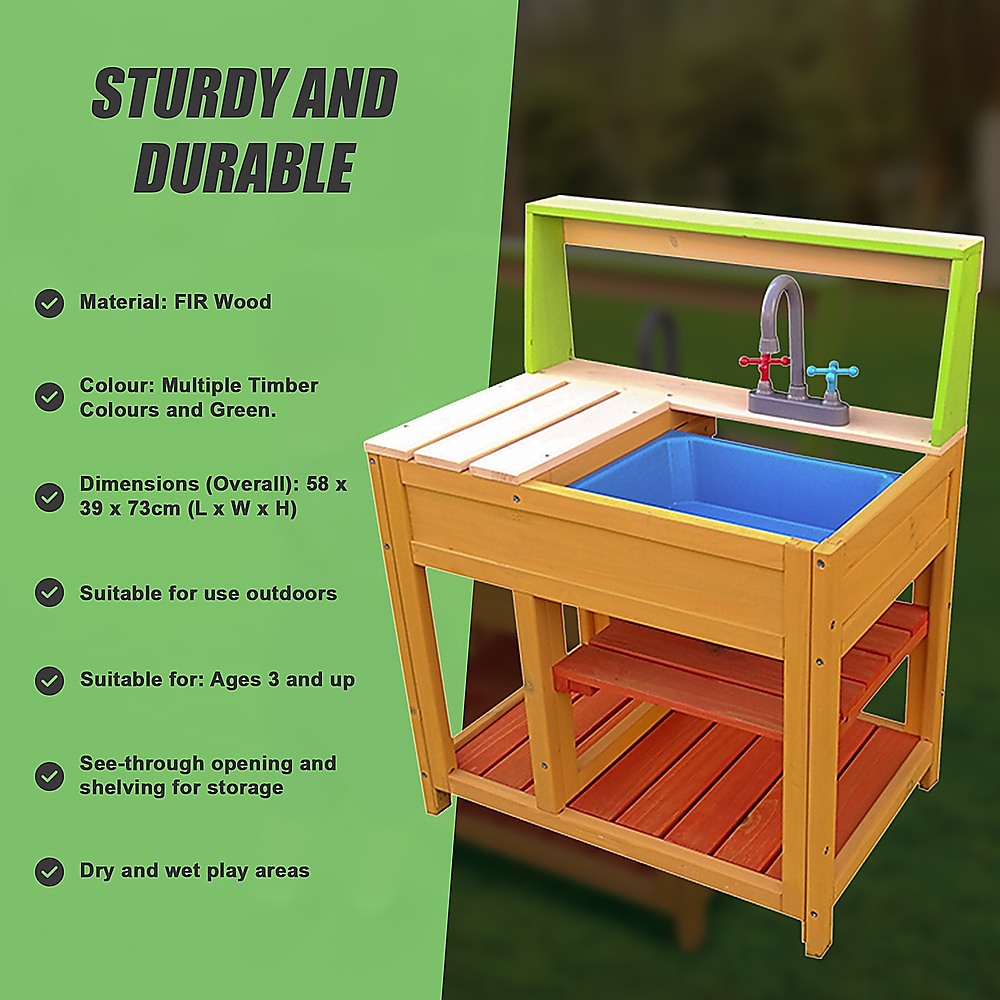 Wooden mud kitchen play features