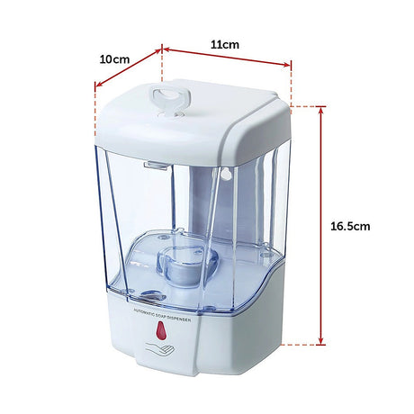 Dimensions diagram for the white 700 mL automatic wall mounted soap dispenser