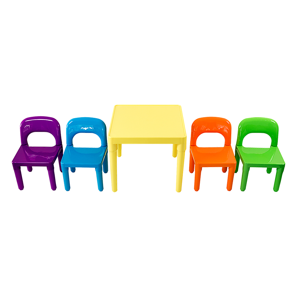 Water-resistant kids table and chairs in bright colours