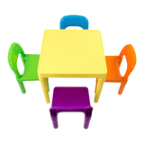 Kids table and chairs set in orange, green, blue, purple and yellow