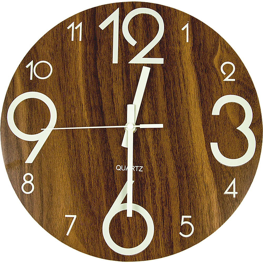 Glow in the Dark Wall Clock — Luminous Quartz Walnut Veneer 30cm — Allure Home Collections