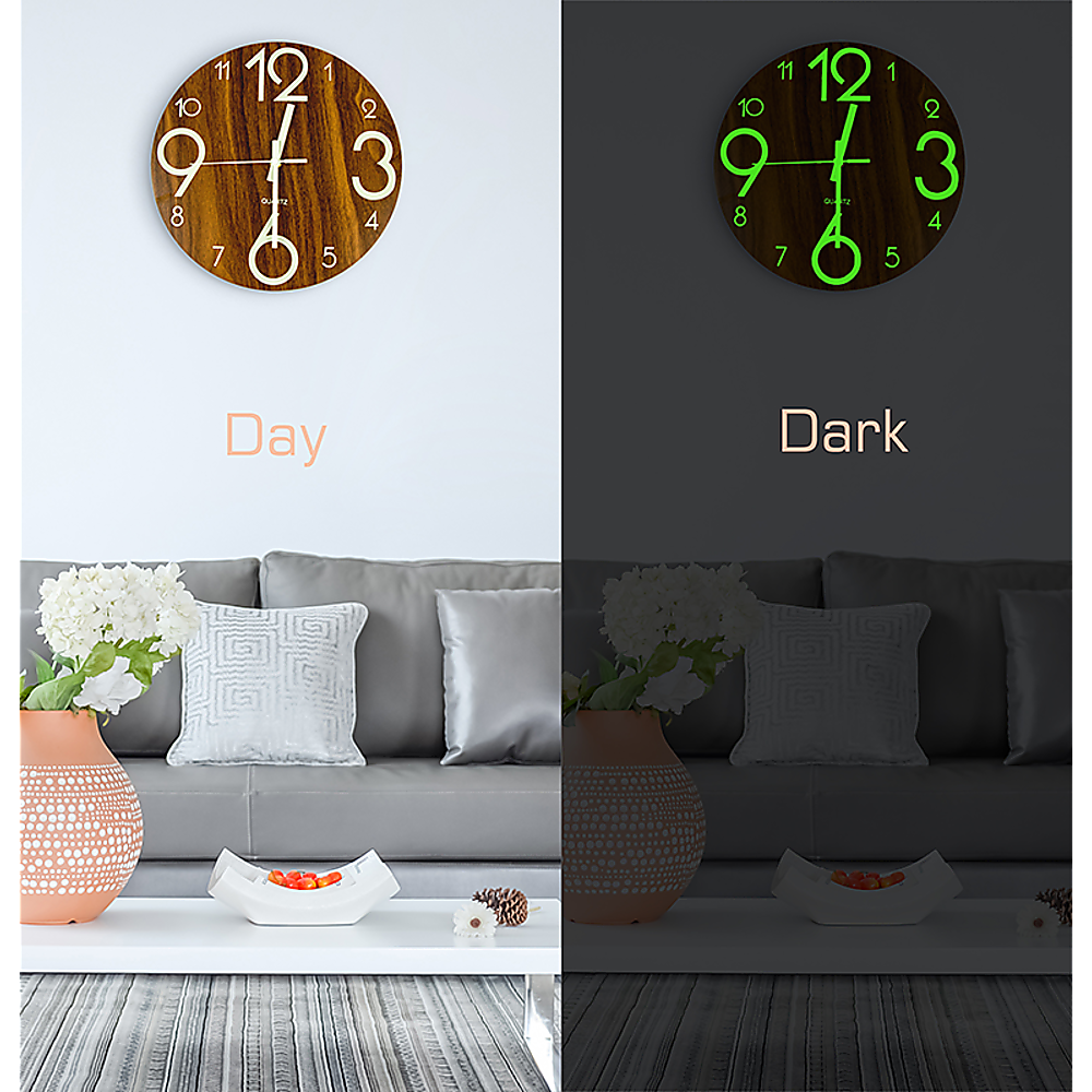 Glow in the Dark Wall Clock — Luminous Quartz Walnut Veneer 30cm — Allure Home Collections