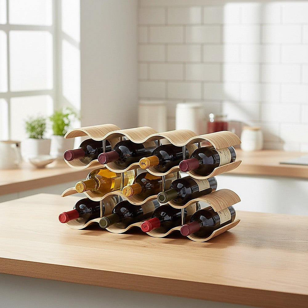 Natural bamboo 4 tier wave wine rack holding 14 bottles