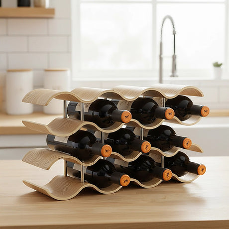 Natural bamboo 4 tier wave wine rack holding 14 bottles