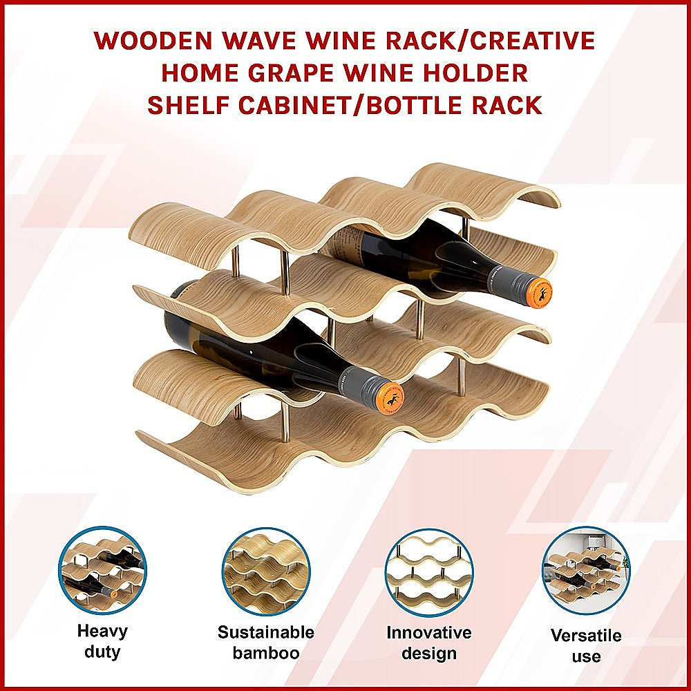 Natural bamboo 4 tier wave wine rack holding 14 bottles