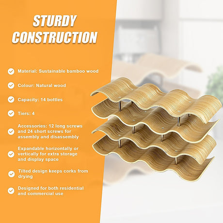 Natural bamboo 4 tier wave wine rack holding 14 bottles
