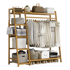 Loxton natural bamboo five tier garment rack with hanging rod and seven shelves in a bedroom