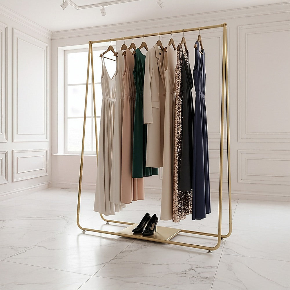 Gold commercial garment display rack, view 1