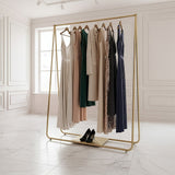 Gold commercial garment display rack, view 1