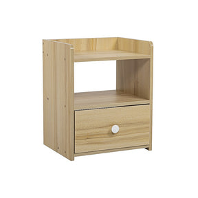Coimbra wood finish bedside table with a drawer in a bedroom