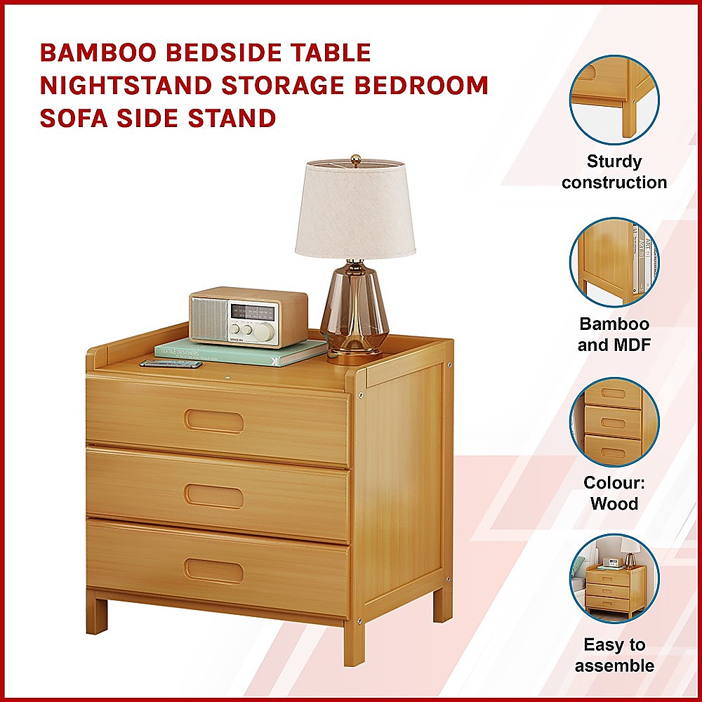 Bamboo Bedside Table Nightstand with 3 Drawers and Waterproof Surface — Allure Home Collections