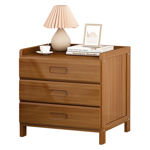 Bangalow dark wood bamboo three drawer bedside table styled in a calm coastal bedroom