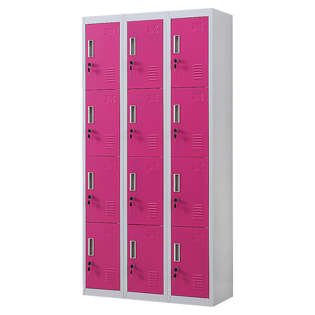12-Door Steel Storage Locker, Grey with Pink Doors, key lock - image 1
