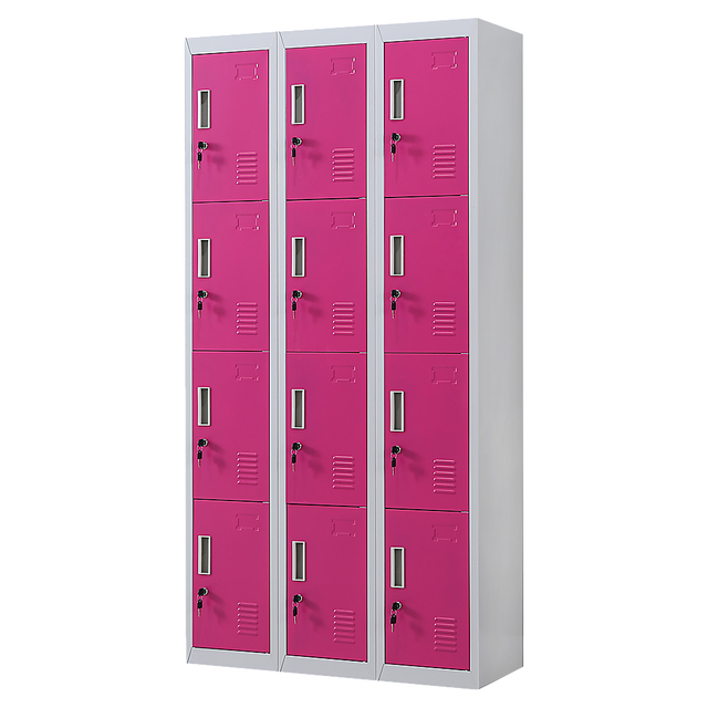 12-Door Steel Storage Locker, Grey with Pink Doors, key lock - image 1