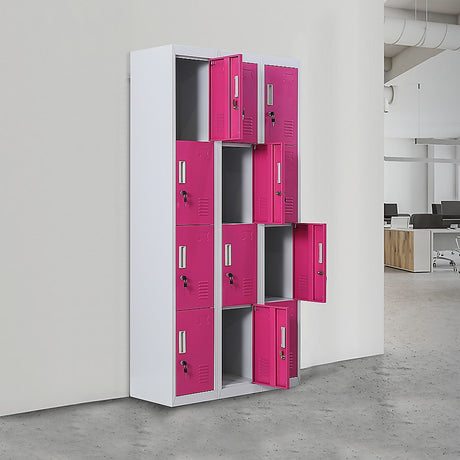 12-Door Steel Storage Locker, Grey with Pink Doors, key lock - image 2