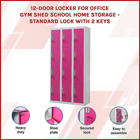 12-Door Steel Storage Locker, Grey with Pink Doors, key lock - image 3