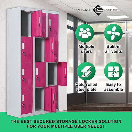 12-Door Steel Storage Locker, Grey with Pink Doors, key lock - image 5