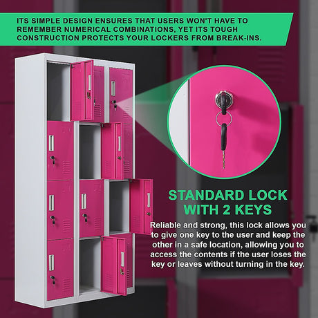 12-Door Steel Storage Locker, Grey with Pink Doors, key lock - image 7