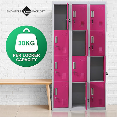 12-Door Steel Storage Locker, Grey with Pink Doors, key lock - image 9