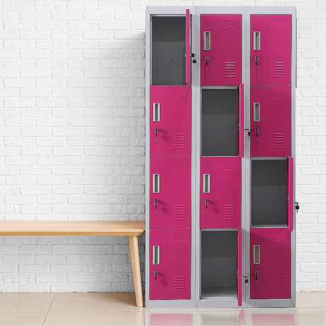 12-Door Steel Storage Locker, Grey with Pink Doors, key lock - image 10