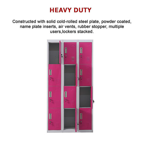 12-Door Steel Storage Locker, Grey with Pink Doors, key lock - image 11
