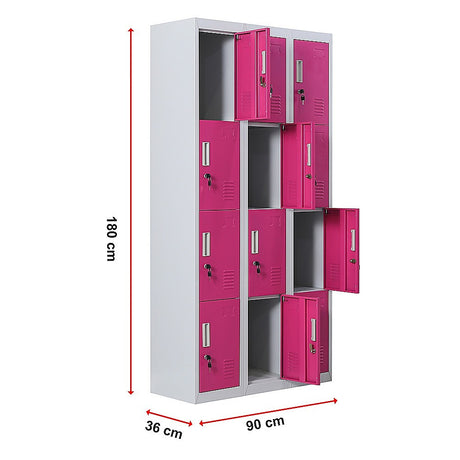 12-Door Steel Storage Locker, Grey with Pink Doors, key lock - image 12
